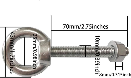 INCH Stainless Steel M10 Shoulder Eye Bolts 3/8&quot;x 2.75&quot; Heavy Duty Screws with Washer and Nuts Plain Finish Lifting