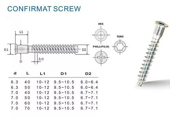 Metric Steel DIN Standard Confirmat Screw 6.3x50 for Cabinet Connection Flat Head Drive Metric Hexagonal Wood Furniture