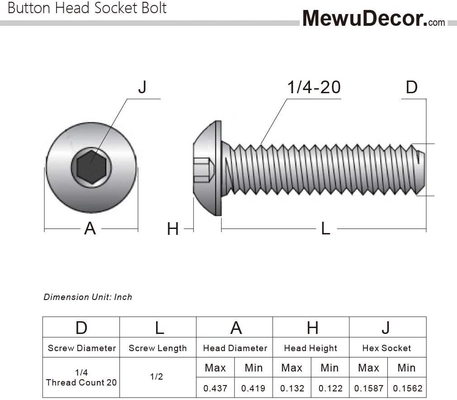 1/4-20 x 1/2 Inch Button Head Socket Cap Bolts 18-8 Stainless Steel 304 Plain Finish Full Thread Allen Hex Drive Pan Head
