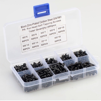 ALLOY Natural Colour 450pcs M3 Carbon Steel Black PA Cross Pan Head Round Head Self Tapping Screw Combination Set Assortment Kit