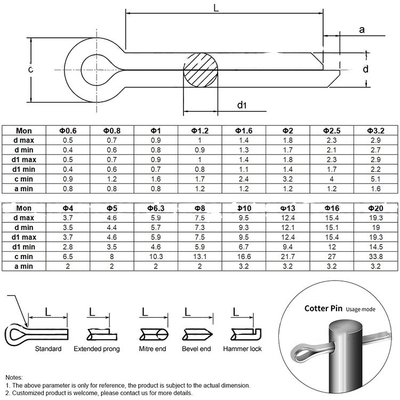 Stainless Steel Split Pins A2 A4 304 316 Galvanized Cotter Spring Pins DIN94 Compliant for Heavy-Duty Applications