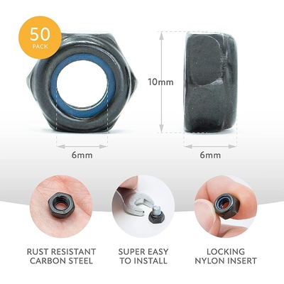 JIS Standard Self Threading M6 Hex Nuts with Anti-Vibration Nylon Lock Inserts Stainless Steel 201/304/316 Black Oxide Finish