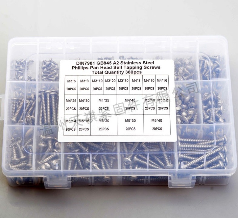 17*10*2.3 Screw nut combination set 380pcs stainless steel 304 din7981 cross pan head / round head self tapping m3m4m5 Assortment kit
